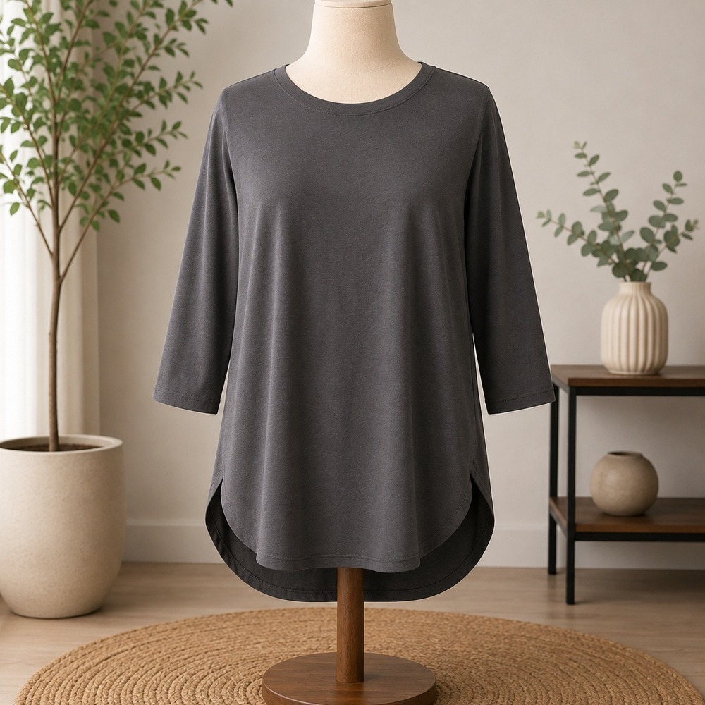 NEW Susan Graver Weekend Essentials Top XSP Gray 3/4 Sleeve Crew Neck Tunic